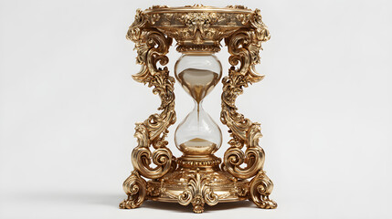 Vintage, old fashioned hourglass. Antique gold ornate hourglass, sand timer isolated 