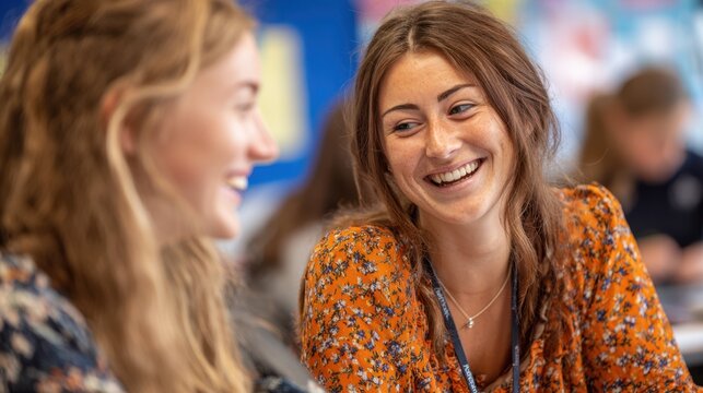 Teacher and student sharing a laugh middiscussion sharp on their faces with the rest of the classroom environment gently blurred to highlight connection. - Powered by Adobe