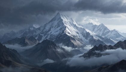 Dramatic landscape of large snowy mountain range with clouds and mist. Winter mountain peaks with ice, rock covered by cloudscape. Cold nature scenery. Panoramic view of travel.