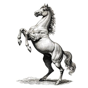 Majestic Arabian horse rearing on hind legs in vintage woodcut engraving style. Fine linework, shading create detailed etching effect. Isolated on white background, powerful, noble equine