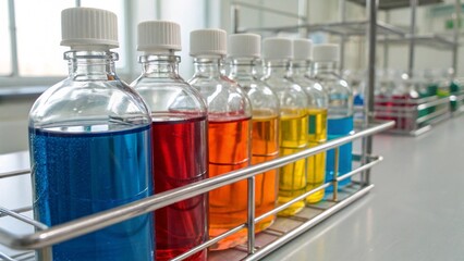 Close Up of Laboratory Bottles with Colorful Liquids on Industrial Metal Rack in Scientific Lab