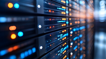 Naklejka premium Close-up view of a server rack with illuminated lights and data displays.