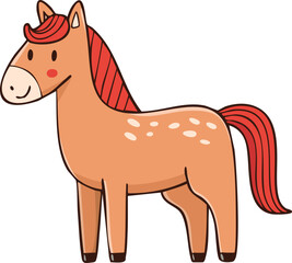 Cartoon illustration of a light brown horse with a red mane and tail, standing on a white background.
