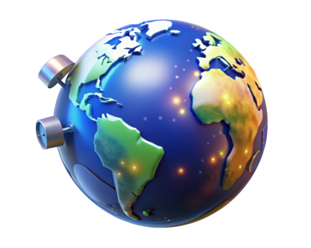 Cartoon earth globe with wind turbines generating power for cities 3d illustration isolated on transparent background