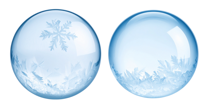 blue frozen bubbles with snowflakes texture isolated on white background