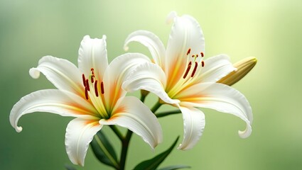 Two exquisite white lilies against a soft green background.