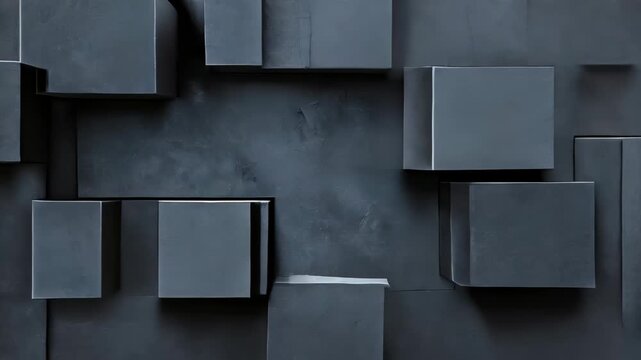 Black geometric cubes shift and align against a dark background, forming a captivating and dynamic design pattern in motion