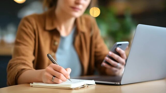 A businesswoman efficiently juggles tasks on her smartphone and laptop in a bustling coffee shop.