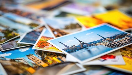 A pile of colorful photos, likely postcards, showcasing various world landmarks