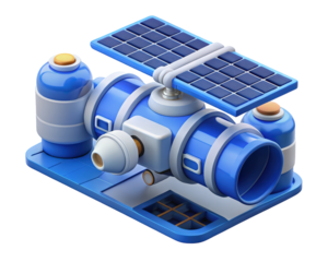 Cartoon satellite spacecraft with solar panels orbiting earth communication technology exploration and future science3d illustration isolated on transparent background