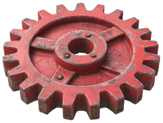 Top View of Red Cogwheel with Worn Metallic Texture and Industrial Style, Isolated on Transparent Background