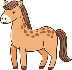 A cheerful, light brown dappled horse stands, depicted in a simple, cartoonish style.
