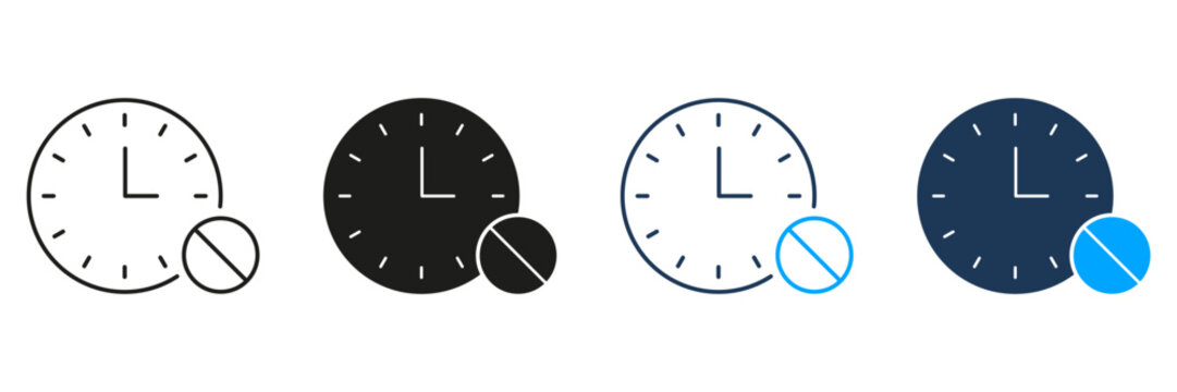 Clock With Pill Line And Solid Icon Set. Medication Timing, Prescription Schedule, And Dosage Management Symbol Collection. Healthcare And Medical Reminder. Isolated Vector Illustration