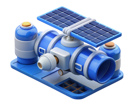 Cartoon satellite spacecraft with solar panels orbiting earth communication technology exploration and future science3d illustration isolated on transparent background