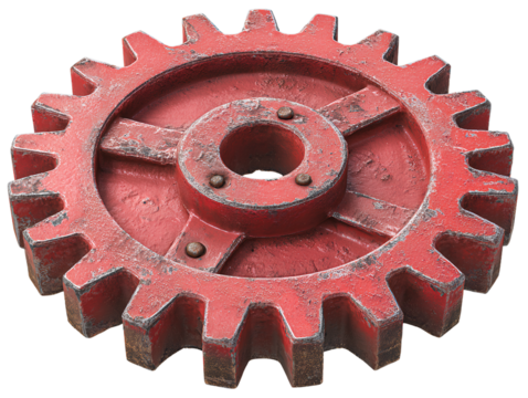 Top View of Red Cogwheel with Worn Metallic Texture and Industrial Style, Isolated on Transparent Background