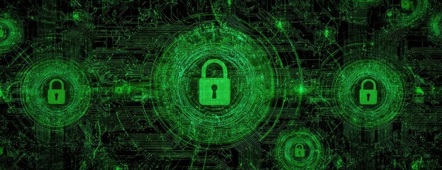 Abstract digital security concept.  Green lock symbols in complex network patterns