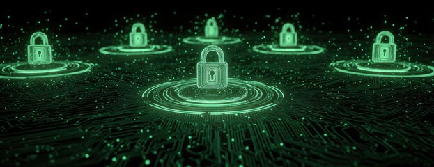 Glowing green padlock icons hover over a circuit board-like surface