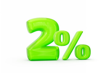 Green jelly digit 2% or Two percent isolated on white background. 3d illustration