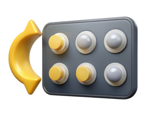 Cartoon tablet pill pack blister with yellow arrow for healthcare promotion and medical advice 3d illustration isolated on transparent background