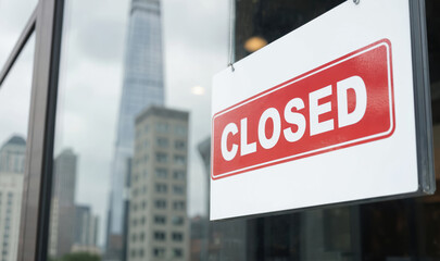 Fototapeta premium Red closed sign on office building window, reflecting city skyline. Represents economic downturn, business closure, financial crisis, recession, bankruptcy. Empty offices, vacant commercial real
