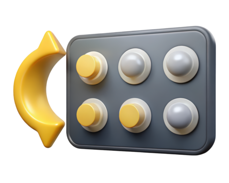 Cartoon tablet pill pack blister with yellow arrow for healthcare promotion and medical advice 3d illustration isolated on transparent background