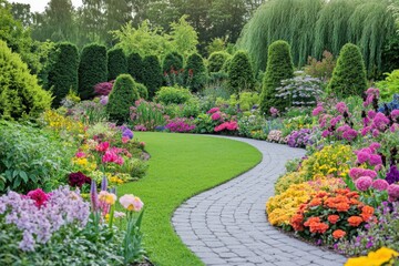 Obraz premium Colorful floral garden path winding through vibrant flower beds during a sunny day