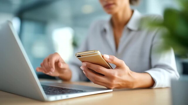 Confident businesswoman efficiently juggling tasks at her office workspace.