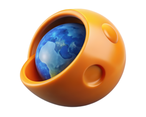Earth globe enclosed in orange protective shell protection and future technology innovation concept 3d illustration isolated on transparent background