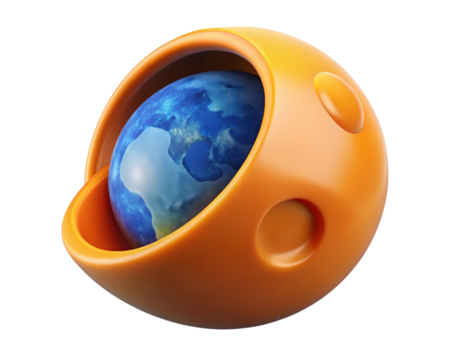 Earth globe enclosed in orange protective shell protection and future technology innovation concept 3d illustration isolated on transparent background