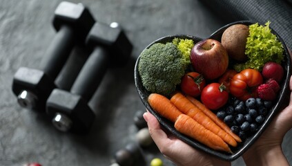 Heart-shaped bowl of fruits and vegetables held, with dumbbells in the background