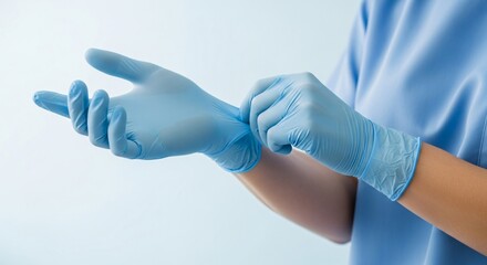 Healthcare professional putting on protective blue gloves for medical exam, ensuring hygiene and safety in a clinical environment