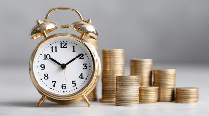 A gold alarm clock stands beside stacks of coins, symbolizing the relationship between time and money.