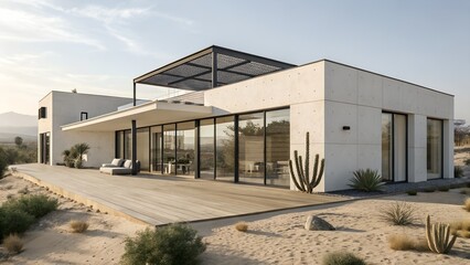 Naklejka premium Minimalist Modern Desert House with Solar Panels and Open Wooden Patio