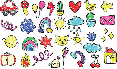 Cute hand drawn doodle art vector set. Colorful collection of  fruit, scribble, cloud, plant, cat, bird, star, heart shape. creative design element for decoration, ads, prints, branding, business