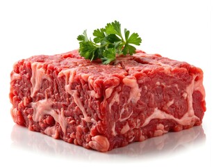 Raw, fresh minced meat cube with parsley isolated on white background. Red uncooked beef, pork, or ground meat. Ingredient for hamburger. Delicious food preparation. Culinary concept. Protein source.