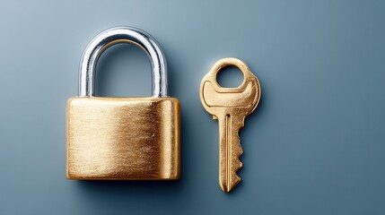 A golden padlock and key are displayed on a smooth blue background, symbolizing security and protection.