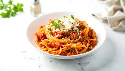 Plate of classic spaghetti aglio e olio garnished with fresh parsley and grated parmesan cheese, styled on a marble countertop with soft side lighting for an elegant and simple presentation.