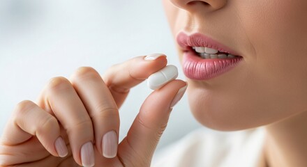 Elegant woman taking white pill for health benefits and wellness, embracing self care for a modern lifestyle of beauty and health