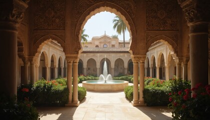 Obraz premium Ornate courtyard features arched walkways with carved details surrounding central fountain. Green bushes, red flowers border pathway. Palm trees visible against clear sky in background. Tranquil