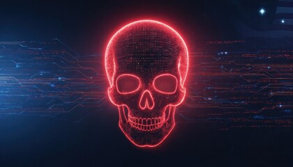 Illustration of digital skull made of binary code. Red light illuminates cybersecurity threat. Cyber attack, online crime, data breach, virus. Concept for digital safety, network vulnerability,