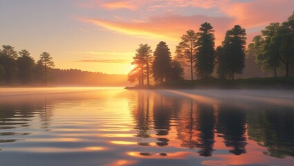 Obraz premium Golden sunrise over a calm lake, soft mist rising from the water, perfect reflection of trees and sky – cinematic photoreal landscape