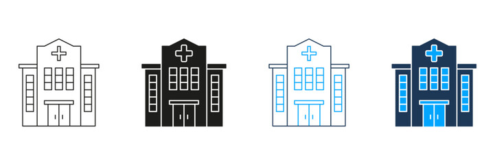 Hospital Building Line And Solid Icon Set. Healthcare Facility, Medical Center, And Emergency Services Symbol Collection. Health Infrastructure And Patient Care. Isolated Vector Illustration