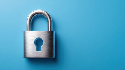 Fototapeta premium A shiny silver padlock on a bright blue background, symbolizing security and protection.