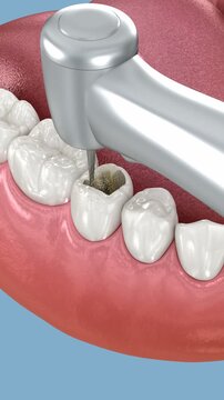 Tooth restoration with composite filling. Dental 3D animation