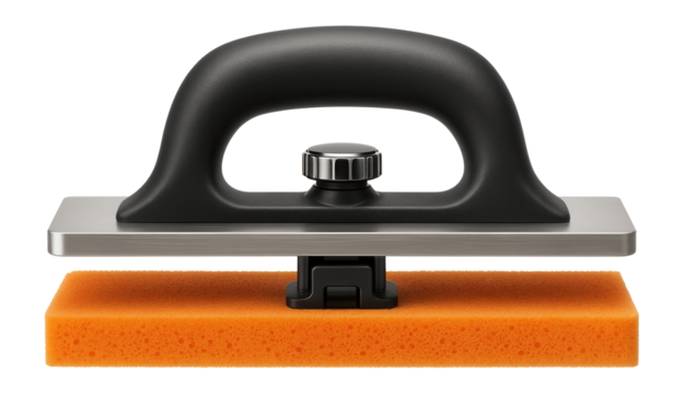 Adjustable sponge trowel with interchangeable pads for diverse surface finishing tasks.