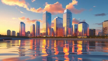 Fototapeta premium A modern city skyline with glass buildings reflecting golden sunset, river in foreground with soft ripples – photoreal urban view