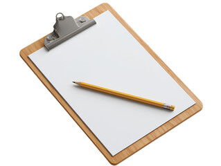  Top-Down View of A4 Wooden Clipboard with Blank White Sheet and Pencil on Side Isolated on Transparent Background