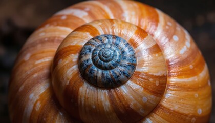 Close-up intricate pattern snail shell. Natural spiral shape, detailed texture, with brown, orange, blue colors, garden background. Macro animal world.