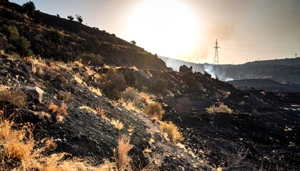 Fototapeta premium Landscape with Black Soil and Fading Sunlight on Hillside