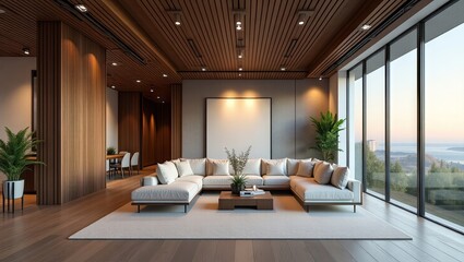 Modern living room with large windows showcasing a scenic view.